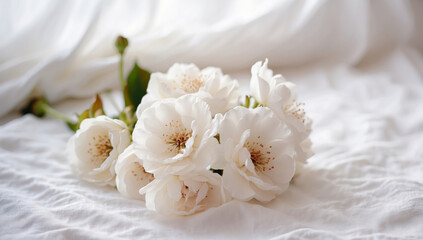 Obraz na płótnie Canvas White flowers on white cotton fabric. AI generated