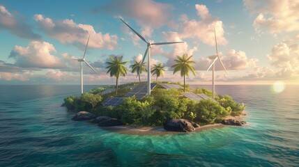 Eco energy. The island has wind stations and solar panels. 3d illustration - obrazy, fototapety, plakaty