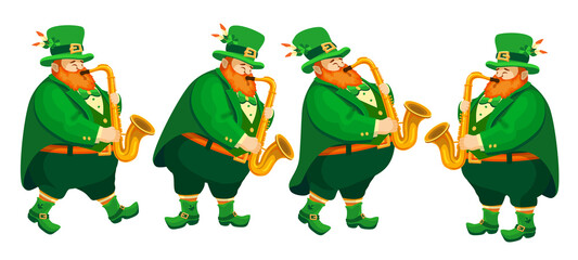Set of four funny musicians saxophonists in leprechaun costumes. People with saxophones. Cartoon characters isolated on white. Illustration for St. Patricks Day, an Irish holiday. Vector. - obrazy, fototapety, plakaty