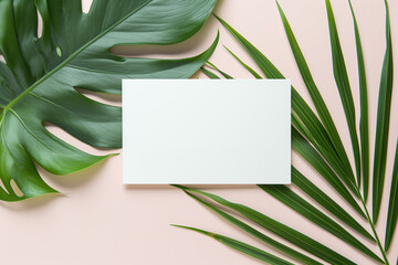 Obraz premium Business card blank mockup laying on the palm leaves and pink background.