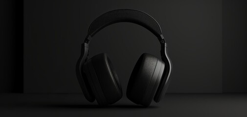Fototapeta na wymiar headphone, minimalistic and modern, monochrome palette, clean lines, symmetrical design, black headphones on black background elegant