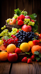 A Beautiful Arrangement of Fresh Fruits Displayed on a Rustic Table - A Celebration of Nature's Bounty