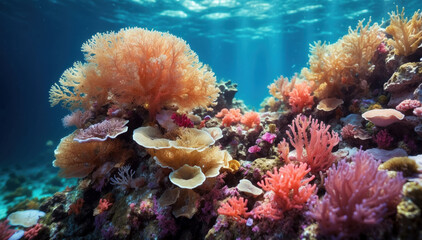 Naklejka na ściany i meble Beautiful underwater scene with coral and fish. AI generated