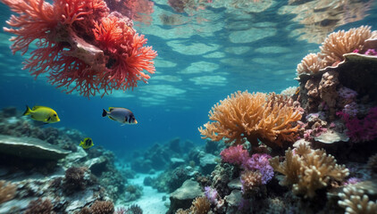 Naklejka na ściany i meble Beautiful underwater scene with coral and fish. AI generated
