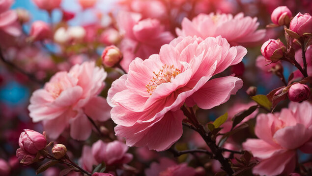 Vibrant pink flowers blossom in spring close up. AI generated