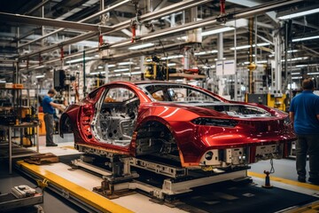 The body of a red car against the background of a huge car manufacturing plant