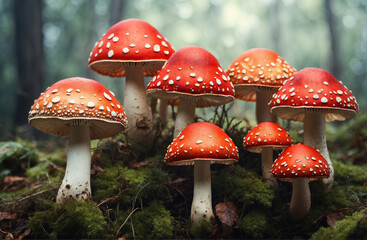 Fly agaric mushrooms in forest. AI generated