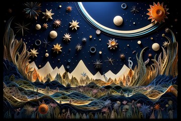 A paper art interpretation of a celestial garden, with finely cut planets, stars, and cosmic elements creating a magical and otherworldly scene.