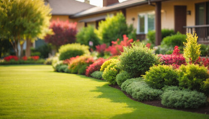 Fototapeta na wymiar Beautiful manicured lawn and flowerbed. AI generated