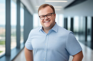 Portrait of a smiling man with glasses against of the lobby of an office building.