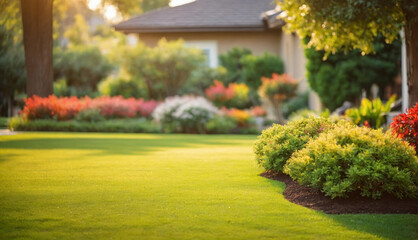 Beautiful manicured lawn and flowerbed. AI generated