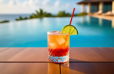 Negroni red cocktail in a glass with ice and a slice of lime on a background of the swimming pool. Concept summer holiday and travel.