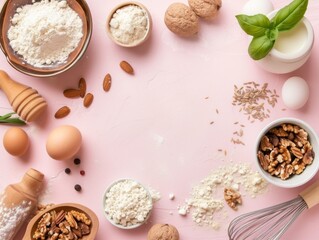 Flat lay food ingredients on a gently pink pastel background