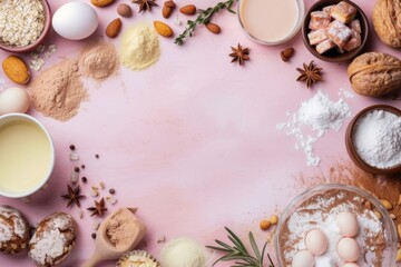 Fototapeta na wymiar Flat lay food ingredients on a gently pink pastel background