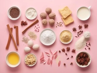 Flat lay food ingredients on a gently pink pastel background