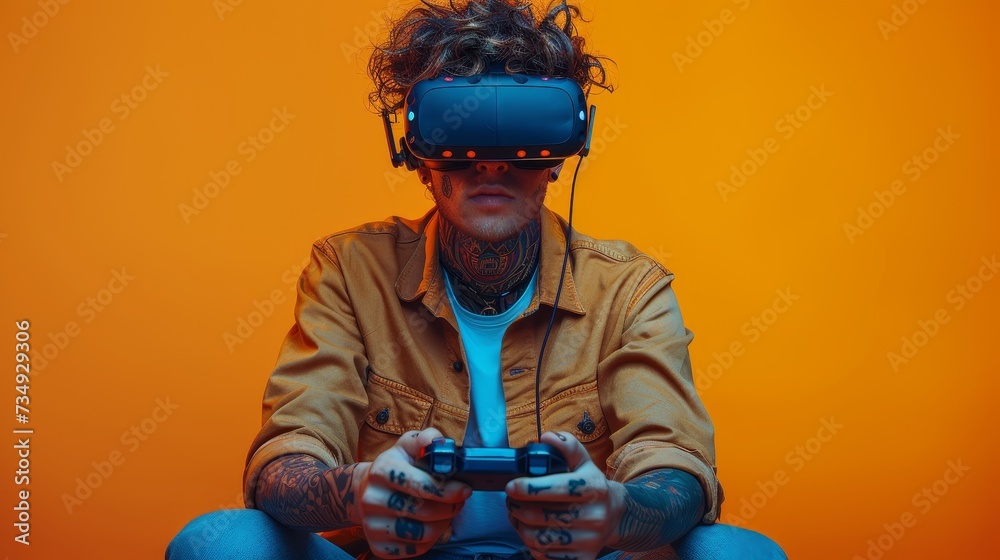 Poster the young brunette gambler has a tatooed scalp wears apricot shirt and holds a joystick console whil