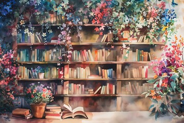 Cozy home library with blooming flowers and books. artistic watercolor style photo ideal for decor and backgrounds. AI