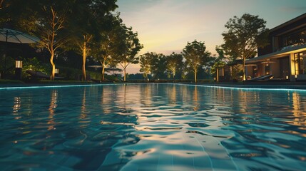 Luxurious swimming pool is located next to a natural garden and features blue, clear water, perfect lighting, lush vegetation, a front-facing luxury house, and a scene of the evening.