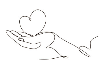 Continuous one line human arm holding heart symbol drawing. Charity donation concept in simple linear doodle style. Vector illustration with editable stroke. 