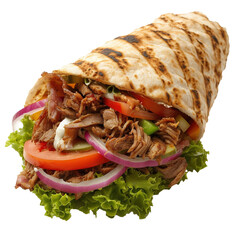 Shawarma wrap grill toasted, stuff with fresh vegies, sauces and chicken isolated on white background.