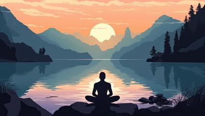 Illustration of a serene man meditating on the shores of a tranquil lake, with majestic mountains in the background