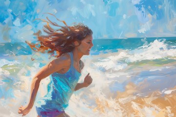 Energetic Girl Joyfully Sprinting Along Sunkissed Shoreline, Windtousled Hair Flowing Free