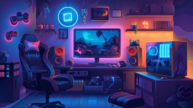 Interior of a room set up for nighttime video game streaming. A cartoon dark house with a gaming computer and headphones, TV mounted on the wall, a console with a gamepad, and a bright neon joystick