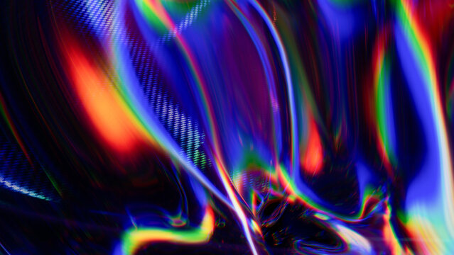 Vibrant abstract pattern of multicolored light refractions on a 3D glass surface, creating a dynamic and fluid visual effect