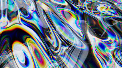 A complex interplay of rainbow colors creates a liquid-like abstraction on a 3D glass surface with warped and stretched light