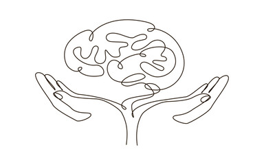 Hands with brain continuous one line symbol drawing. Mental health care concept icon in simple linear doodle style. Continuous line vector illustration for medicine poster, infographic, flyer