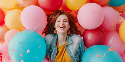 Fototapeta na wymiar Joyful Girl Embraced By Vibrant Balloons, Inviting Imaginative Captions