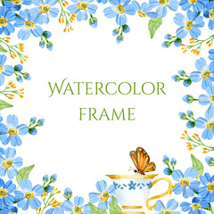 Watercolor blue forget-me-not square frame with a teacup and a butterfly on it