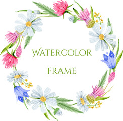 Watercolor wreath with wildflowers, chamomile, bluebell, clover, knapweed and grass	 - obrazy, fototapety, plakaty