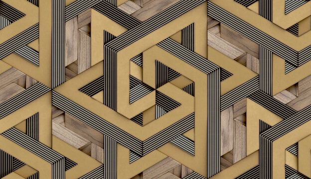 3D Wallpaper in the form of imitation of decorative mosaic of wood ,matte gold, black leather and golden stripe decor