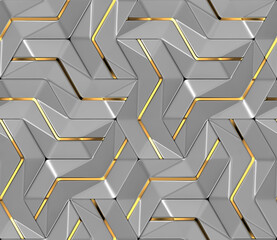 3d grey wall tiles with gold metal decor with shaded geometric modules with high quality seamless texture