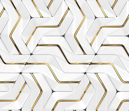 3D Wallpapers white tiles with golden metal decor with modern geometric modules with high quality seamless realistic texture