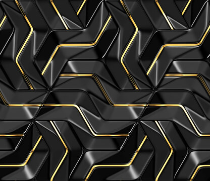 3D wall black panels with gold deco with shaded geometric modules with high quality seamless 3d illustration