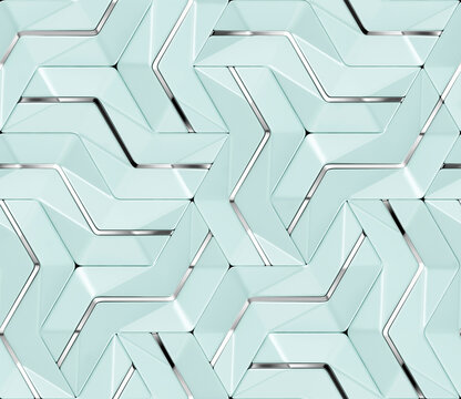 3D wall mint color panels with chrome metallic decor with shaded geometric modules with high quality seamless texture