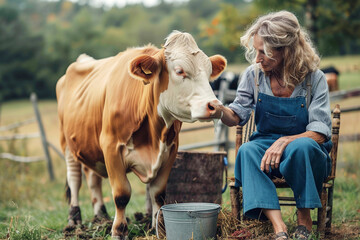 A 50-year-old woman from the countryside, dressed in overalls, sits next to her cow.