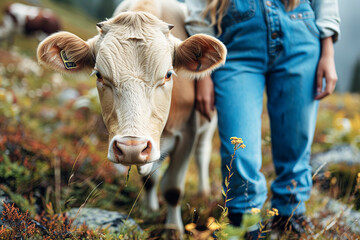 A cow beside its owner in the field.