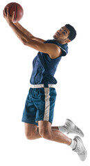 Concentrated competitive young man, basketball player jumping with ball, scoring goal during game isolated on transparent background. Concept of professional sport, competition, tournament © master1305