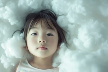 Tranquil Asian Child Serenely Reclining On Dreamlike Clouds