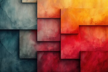 A vibrant display of color and abstraction, this painting of various red squares evokes a sense of boundless creativity and vividness