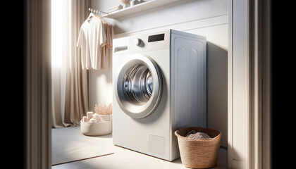  Minimalist laundry room interior bathed in natural light. modern front-loading washing machine with laundry inside, flanked by two woven laundry baskets.