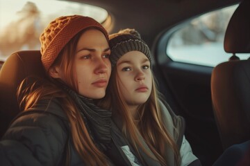 Anxious Mother In Car With Daughter, Displaying Concern And Discomfort - obrazy, fototapety, plakaty