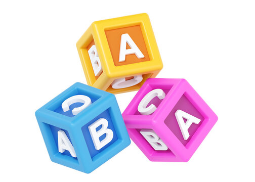 3d abc flying cubes for kids, toy alphabet block for play. Child colorful boxes render illustration