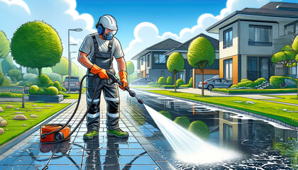 Worker clad in professional cleaning gear, including a safety helmet, earmuffs, and visor, is using a high-pressure washer to clean a tiled walkway.  - obrazy, fototapety, plakaty