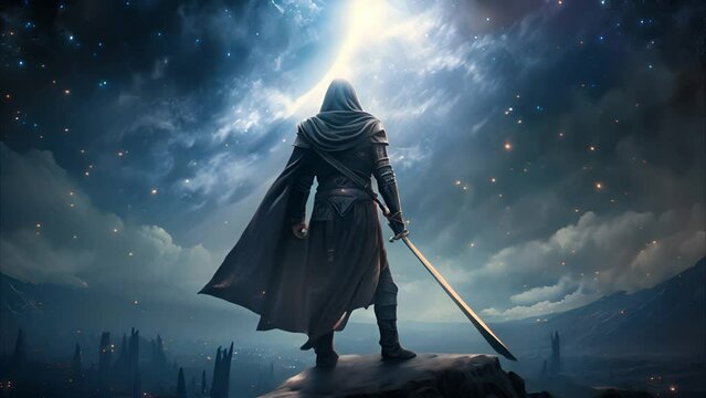 The mythical warrior stands resolute against the starry night sky with his sword. Fantasy art.