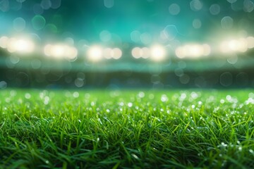 Lively Background Of Blurred Stadium Lights With Vibrant Green Grass Field