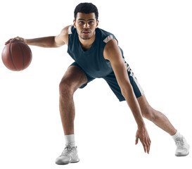 Competitive. Young muscular basketball player in motion during game, dribbling ball isolated on...